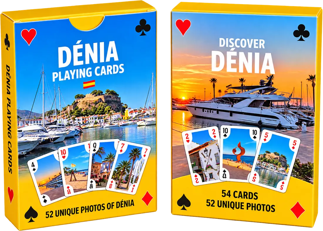 Dos cajas de la baraja de Dénia, con fotos del puerto y del castillo