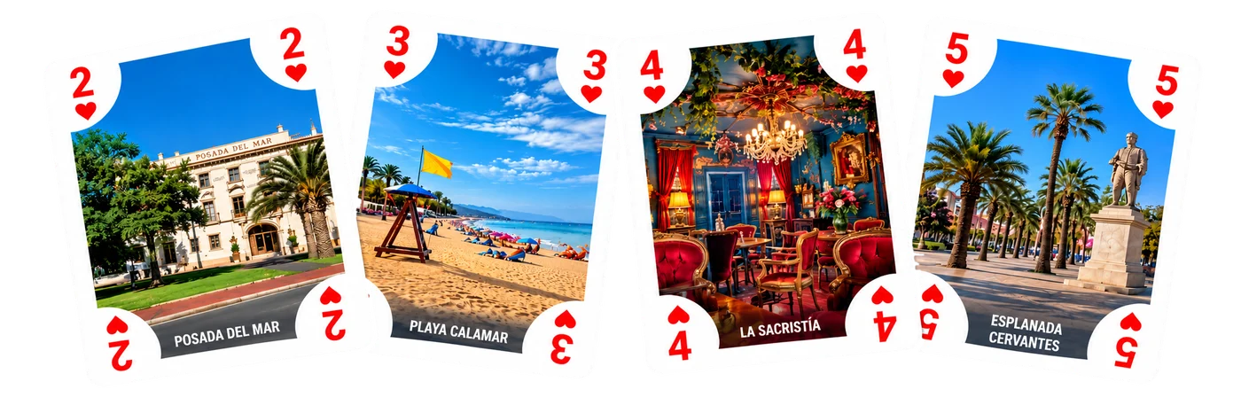Vier speelkaarten uit het Dénia-spel met foto's van de stad